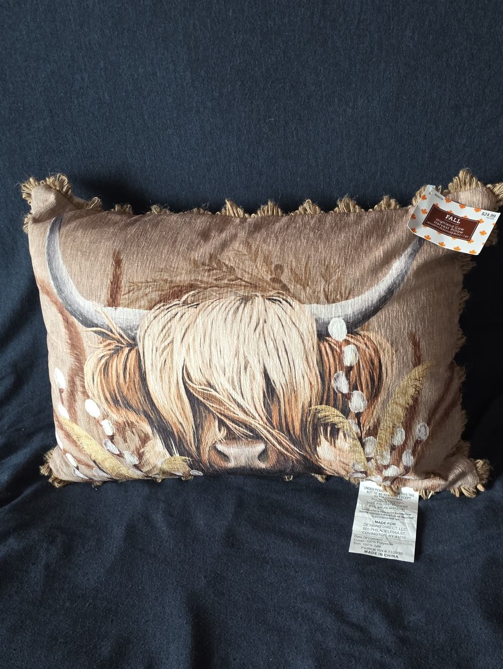 Highland Cow Accent Pillow in Brown with Fringe Trim by